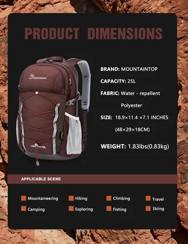Miniatura 4 de MOUNTAINTOP Mochila de senderismo de 25 litros, mochila de viaje ligera para hombres y mujeres, mochileros al aire libre, camping Granate