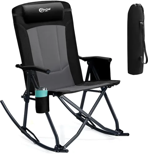 PORTAL Silla mecedora plegable de gran tamaño para acampar, portátil, para exteriores, con respaldo alto, reposabrazos duros, bolsa de transporte,