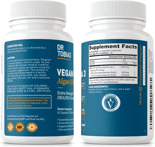 Miniatura 7 de Dr. Tobias Suplemento vegano de Omega 3, 1400 mg de aceite de algas, 420 mg de DHA y 210 mg de EPA por porción, sin OMG, sin gluten, sin