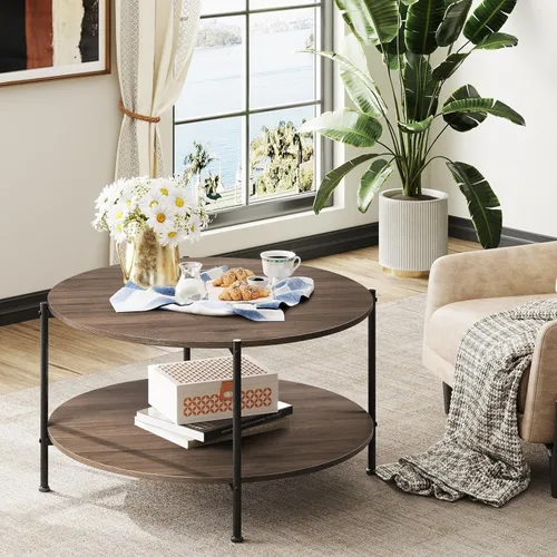 Miniatura 4 de WLIVE - Mesa de café redonda para sala de estar, mesa pequeña de 32.6 pulgadas con estante de almacenamiento abierto, mesa central de madera Nogal