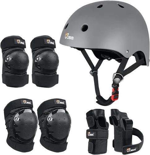 JBM - Juego de equipo de protección para patinaje para niños y adultos, desde principiantes hasta avanzados, casco para monopatín, rodilleras y Gris