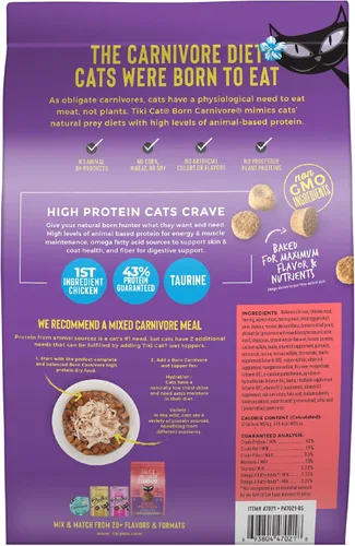 Miniatura 3 de Tiki Cat Born Carnivore Alimento Seco para Gatos Alto en Proteínas, Pollo, Arenque y Harina de Salmón, Bolsa de 2.8 lbs