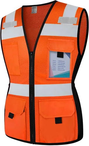 TCCFCCT Chaleco de seguridad para mujer, 11 bolsillos, chaleco reflectante de malla con cremallera, chaleco de trabajo de construcción de neón de