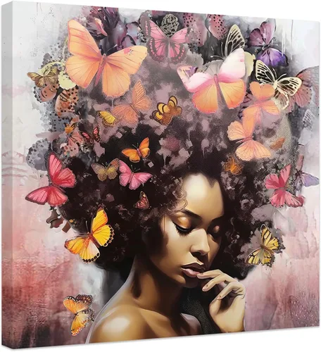 Miniatura 7 de CCWACPP Lienzo africano americano para pared, diseño de mujeres negras y azules y doradas, pintura de mariposas y mujeres africanas para decoración
