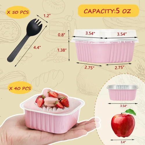 Miniatura 3 de LNYZQUS Molde cuadrado para cupcakes de 5 onzas con tapas, paquete de 40, moldes de papel de aluminio para magdalenas, moldes desechables tipo Rosa