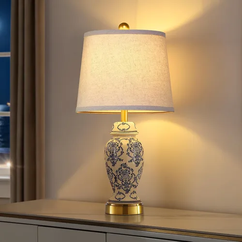 Miniatura 4 de Chinoiserie - Juego de 2 lámparas de mesa de cerámica para sala de estar, dormitorio, mesita de noche, lámpara de mesa clásica de porcelana azul