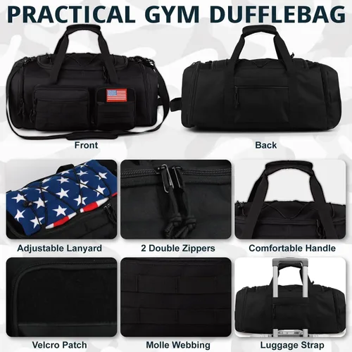 Miniatura 6 de Bolsa táctica de gimnasio para hombres, 50L grande 3 en 1 bolsa deportiva con compartimento para zapatos para viajes, mochila de viaje resistente al