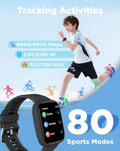 Miniatura 3 de BIGGERFIVE Reloj inteligente para niños, reloj de seguimiento de actividad física de 1.8", podómetro, frecuencia cardíaca, IP68 resistente al agua