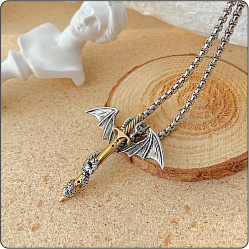 Miniatura 3 de Colgante de animal punk collar de dragón de ala de espada de acero de titanio