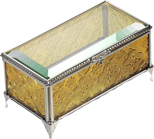 Miniatura 2 de Joyero de cristal rectangular vintage con tapa con bisagras, anillo de joyería, pulsera, caja de exhibición de metal de recuerdo, caja