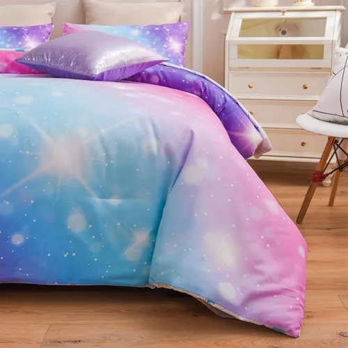 Miniatura 8 de A Nice Night Juego de ropa de cama de 6 piezas con gradiente de purpurina para niñas de tamaño completo, juego de edredón de arcoíris y galaxia