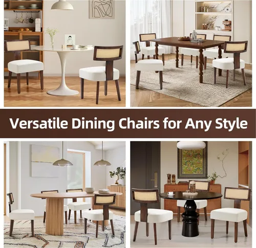 Miniatura 4 de ZJhome Juego de 2 sillas de comedor tapizadas de ratán, sillas de comedor de tela moderna de mediados de siglo con marco de madera dura marrón