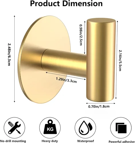 Miniatura 7 de Ganchos de pared de acero inoxidable dorado, ganchos autoadhesivos resistentes para abrigos, toallas, batas, sombreros, delantales – Sin perforación