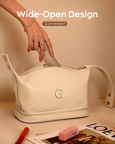 Miniatura 4 de Bolsa de maquillaje con asa, bolsa de cosméticos impermeable de doble capa, bolsas de maquillaje de cuero PU de gran capacidad con letra, bolsa