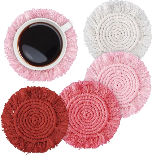 Miniatura 9 de Whaline Juego de 4 posavasos de macramé bohemios tejidos hechos a mano para bebidas, tapete bohemio con borla para tipos de tazas y tazas, café