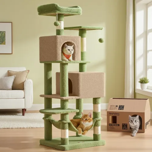 Miniatura 21 de Feandrea - Árbol para gatos de varios niveles para interiores, torre para gatos tipo condominio con 4 postes para rascar, 2 posaderos, hamaca y Beige