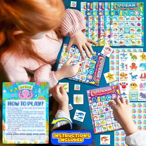 Miniatura 4 de YTSQLER Juego de bingo oceánico para 24 jugadores, animales del océano, juego de bingo para actividades infantiles, bajo el mar, juegos divertidos