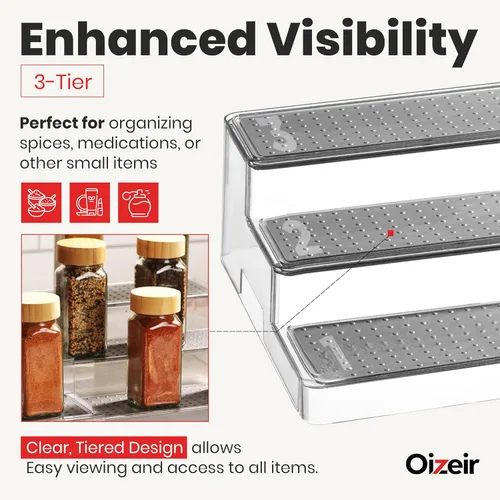Miniatura 4 de Oizeir Estante organizador de especias expandible – 3 niveles – Estante transparente ajustable para organización de especias para armario de cocina