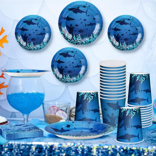 Miniatura 5 de Marsui Juego de 200 piezas de vajilla de tiburón para fiesta de cumpleaños, diseño de tiburón, platos impresos, servilletas, tazas, decoraciones