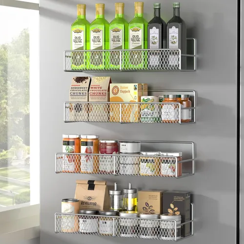 Miniatura 42 de Estante magnético para especias para refrigerador, paquete de 7 estantes magnéticos fuertes 100% de metal, organizador de especias con soporte