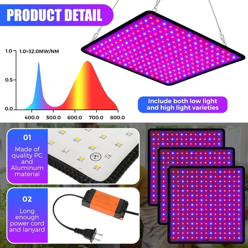 Miniatura 3 de Liliful 4 paneles de luces de cultivo artificiales de espectro completo de 200 W con 225 LED para interior y exterior para tienda de campaña de Azul