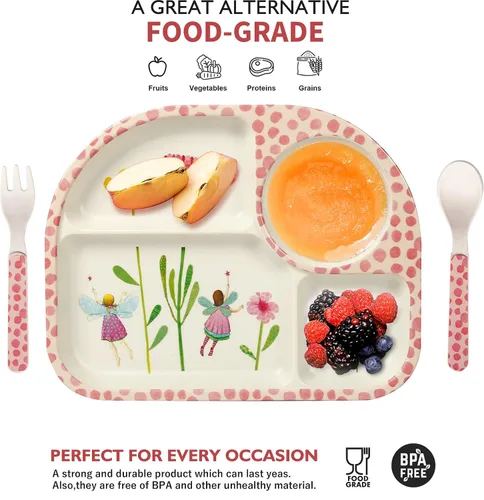 Miniatura 3 de shopwithgreen - Juego de 7 piezas de bambú para niños - Vajilla para niños - Plato, tazón, taza, cuchara, tenedor, vajilla para comida, vajilla