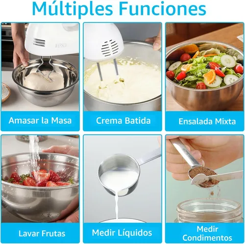 Miniatura 7 de WEPSEN Batidora de Mano Eléctrica Juego de Tazones de Mezcla, Batidora Manual de 5 Velocidades con 4 Tazones de Mezcla de Acero Inoxidable