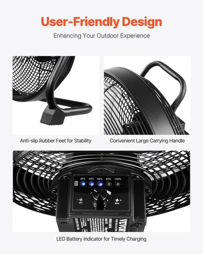 Miniatura 5 de VEVOR Ventilador de piso recargable de 10 pulgadas operado por batería para camping, ventilador portátil de alta velocidad para exteriores con marco