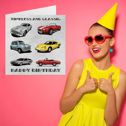 Miniatura 7 de Tarjetas de cumpleaños vintage para él, autos atemporales y clásicos, tarjeta de feliz cumpleaños para papá, marido, tío abuelo de parte de hijo