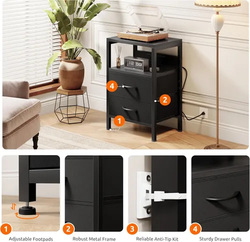 Miniatura 8 de Lazzanto Mesa de Noche Mesita de Carga para Dormitorio - Mesa de Noche con Estación de Carga, Mesita de Noche Moderna con Estante Abierto y 2