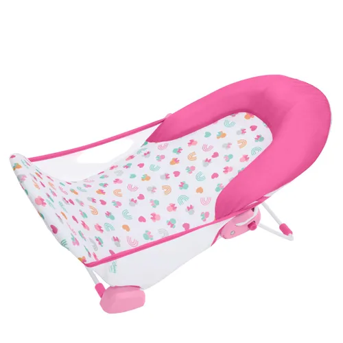 Bright Starts Disney Baby Minnie Mouse - Asiento de baño plegable de 2 posiciones para bebé, soporte ajustable para fregadero o bañera, edades de 0