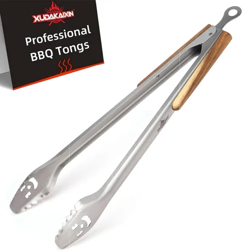 Miniatura 9 de XUDAKAIXIN Pinzas para barbacoa de acero inoxidable de 18 pulgadas de largo con mango de acacia de lujo extendido, herramienta de parrilla duradera