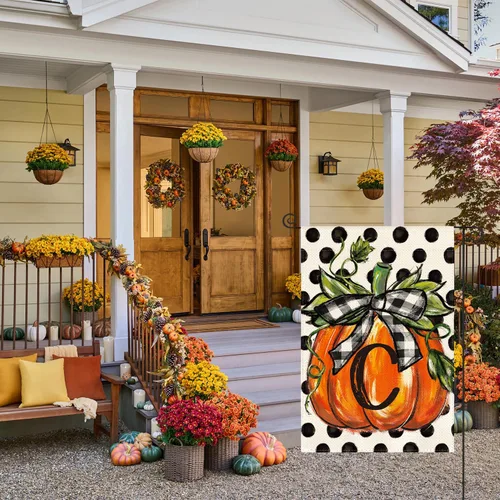 Miniatura 2 de AVOIN colorlife Bandera de jardín con monograma de otoño con letra C, diseño de calabaza, con diseño de lunares, 12 x 18 pulgadas, doble cara
