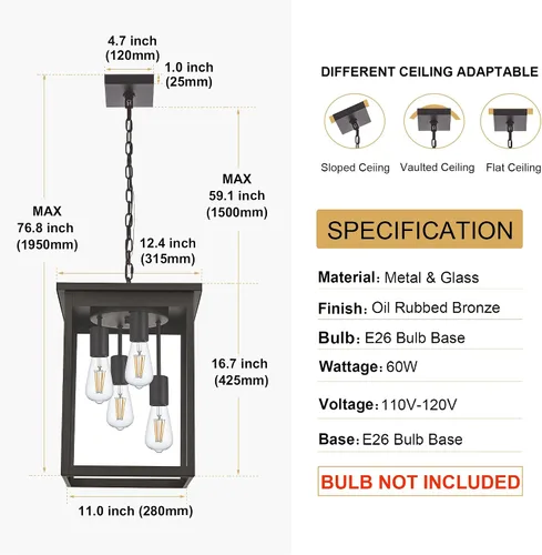 Miniatura 37 de TODOLUZ Lámpara Colgante de Exterior de 3 Luces Negra, Linterna Colgante Exterior Ajustable Luz de Porche