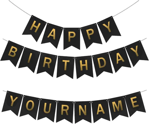Cartel de cumpleaños personalizado con nombre, haz tu propio banderín de feliz cumpleaños para fiesta de cumpleaños, letrero negro con 26 pancartas