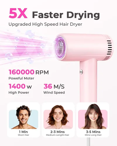 Miniatura 2 de Secador de pelo para mujer – Secador de pelo iónico de 160,000 RPM – Secador de pelo profesional de secado rápido de alta velocidad, juego de 9