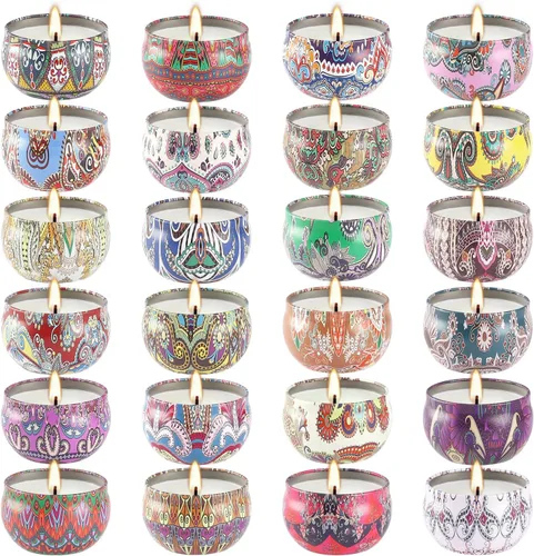 Miniatura 9 de Set de regalos de velas perfumadas de 24 piezas, velas de Adviento de cera de soja en lata de viaje para el hogar, velas en frasco de 2.5 oz