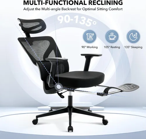 Miniatura 4 de Silla de oficina ergonómica - Silla de escritorio de malla para el hogar con soporte lumbar ajustable, silla de juegos de computadora con respaldo