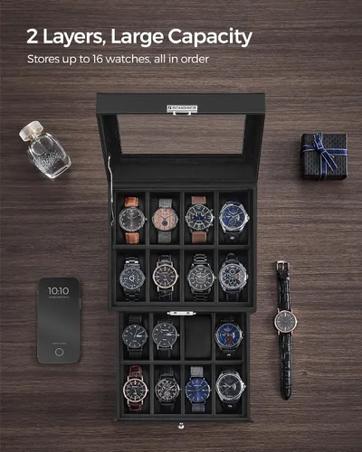 Miniatura 4 de SONGMICS Caja de reloj de 16 ranuras, caja de reloj con tapa de vidrio, 2 capas, vitrina de reloj con cerradura, cuero sintético negro, forro negro