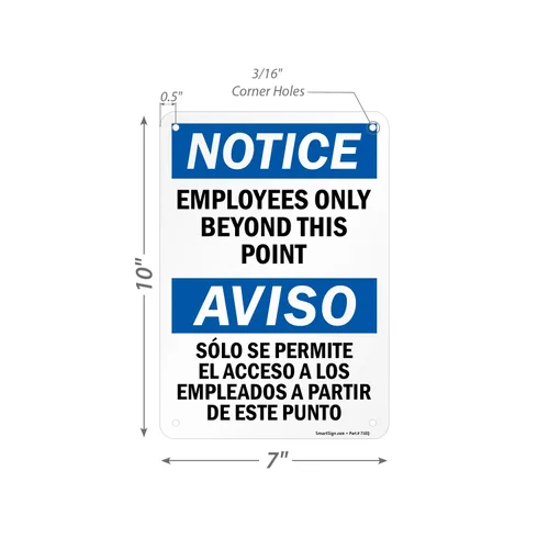 Miniatura 3 de SmartSign - S-1225-B-AL-10 Aviso - Señal bilingüe solo para empleados más allá de este punto Aluminio de 7 x 10 pulgadas