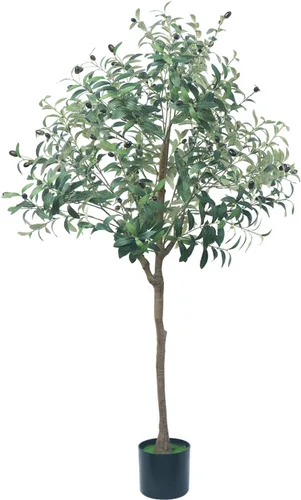 Árbol de olivo artificial, planta de olivo sintético de 4.9 pies con maceta negra, árbol grande de seda sintética en maceta, planta de olivo