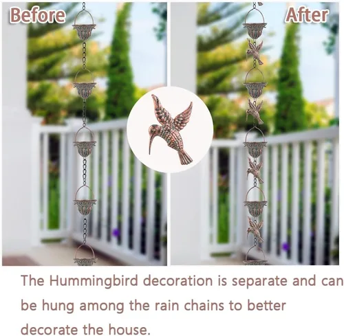 Miniatura 5 de Cadena de lluvia para canalones, cadenas de lluvia de 8.7 pies con 12 tazas y decoración de colibrí desmontable, cadena de captura de lluvia Colibrí
