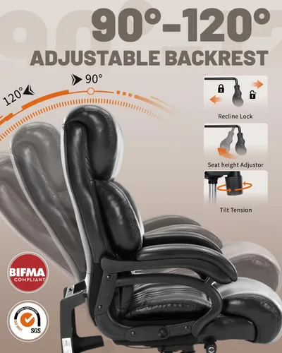 Miniatura 5 de Silla de oficina resistente de 800 libras y reposapiés de masaje, silla ejecutiva grande y alta con soporte lumbar ajustable, piel sintética, Negro