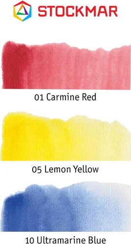 Miniatura 3 de Stockmar Juego de pintura de acuarela, incluye rojo carmín, amarillo limón, azul ultramarino, pintura lavable para niños, estudiantes y artistas