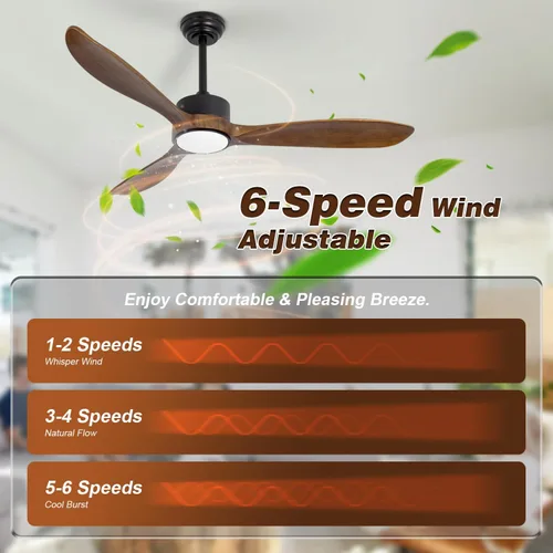 Miniatura 8 de Ventilador de techo de madera marrón de 52 pulgadas con luz y control remoto, motor de CC silencioso, 6 niveles de velocidad, luces regulables
