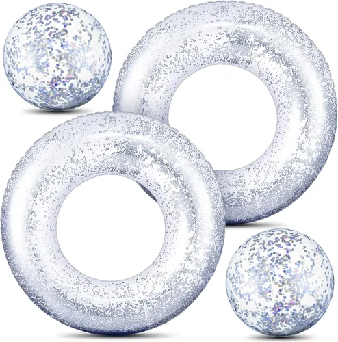 Hungdao 4 unidades de flotador inflable con purpurina para piscina, anillo de natación con confeti y bola de playa con purpurina, pelota de playa