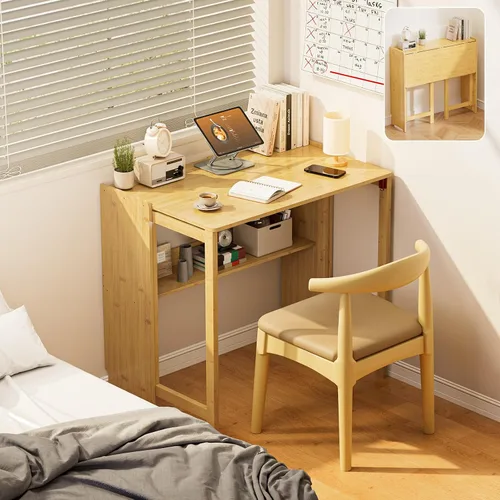 Miniatura 16 de Escritorio plegable de bambú, escritorios plegables para espacios pequeños, escritorio pequeño de mediados de siglo con estantería para computadora