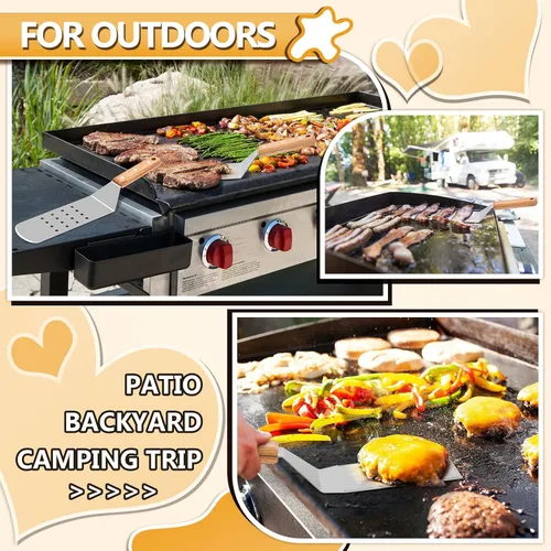 Miniatura 4 de HaSteeL - Juego de 4 espátulas de metal de acero inoxidable con mango remachado de madera, kit de accesorios de parrilla profesional para teppanyaki