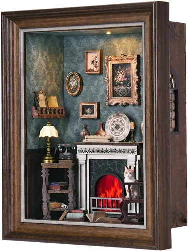 Miniatura 14 de Kit de rincón de libros, rompecabezas de madera 3D con control de interruptor LED y marco para montar en pared, casa en miniatura