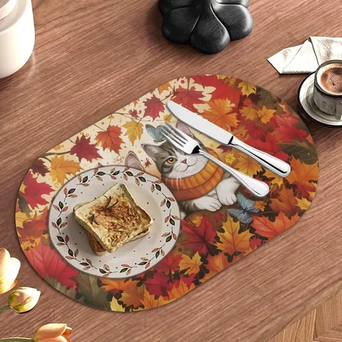 Miniatura 2 de Holiday Placemats Set of 2 Fall Cat Waterproof Wipeable Faux Leather Non Slip for Family Autumn Dinner Heat Resistant Table Mats Thanksgiving Easy
